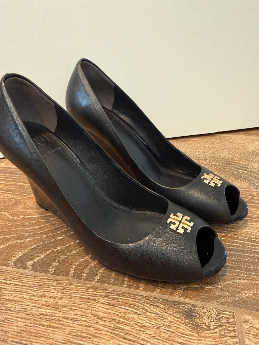 Tory Burch Black Leather Peep-Toe Wedge with Gold Logo